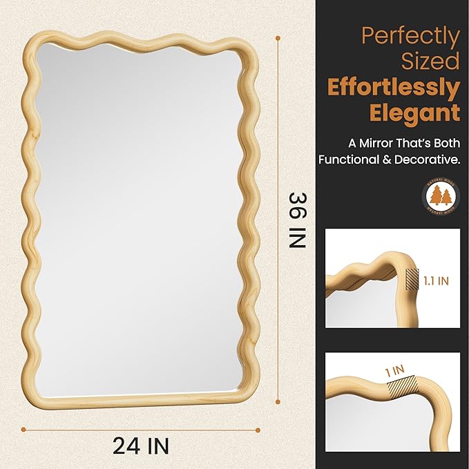 24x36 Wavy Wood Bathroom Vanity Mirror, Boho Wall Mirror with Natural Wood Frame for Over Sink, Entryway, Bedroom
