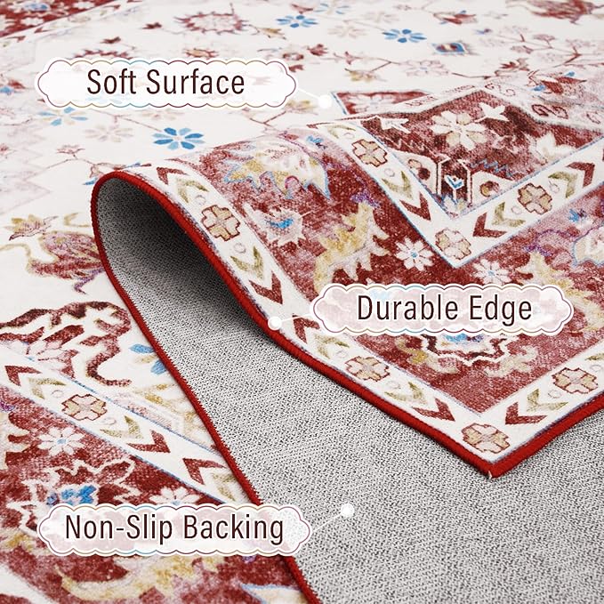Amearea Vintage Design Area Rugs for Living Room, 4x6 Machine Washable Floral Collection Traditional Bedroom Rug, Low Pile Cute Kids Room Print Carpet, No Slip Office Kitchen Home Decor, Red