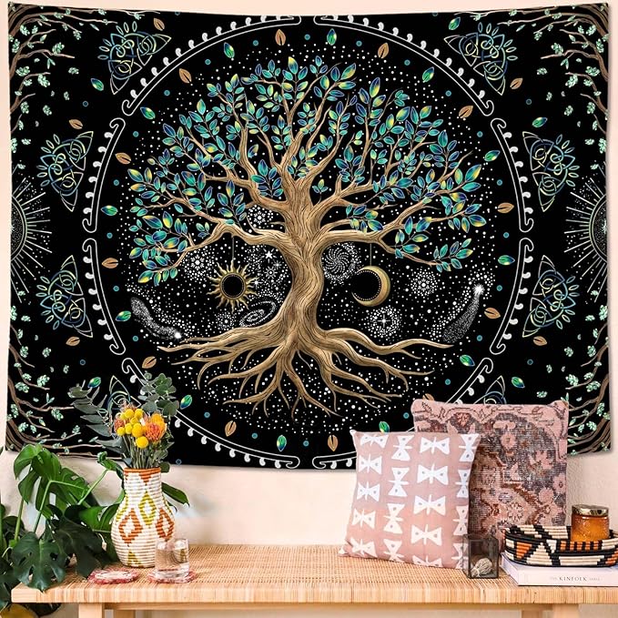 Faxdong Tree of LIfe Tapestry, Retro Aesthetic Art Sun Moon Star Leaves tapestries for Bedroom Vintage Nature Backdrop Decoration Living Room Dorm 60×80 inch