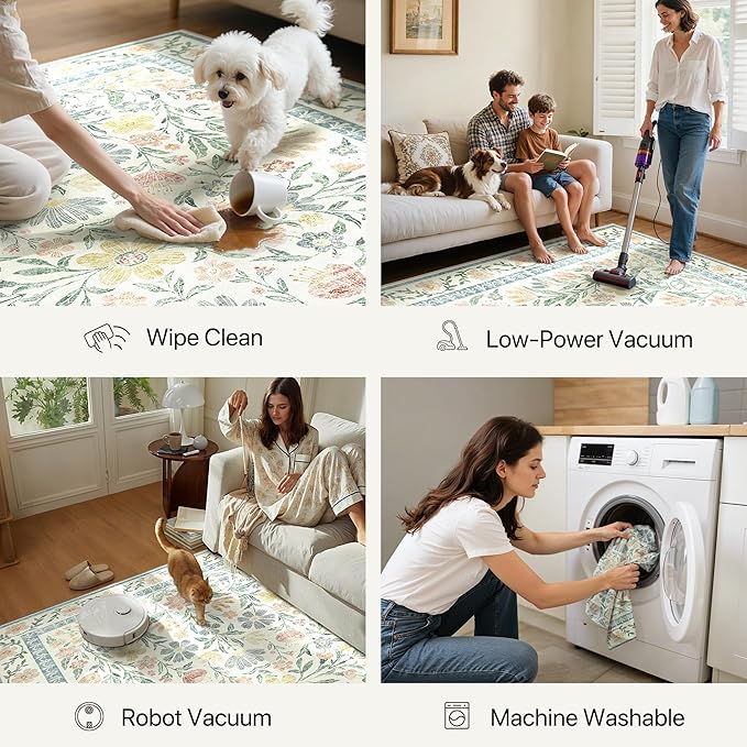 GENIMO 8x10 Washable Area Rug, Non-Slip Vintage Boho Floral Carpet, Soft Low-Pile Thin Living Room Rug for Bedroom, Dining Room, Nursery, Green