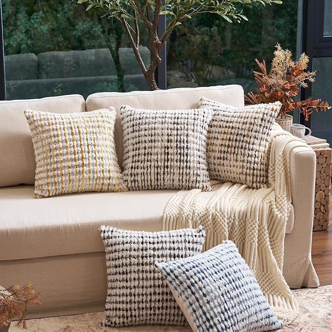 Aeckself Boho Chenille Tufted Pillow Cover 18 x 18 Inch, Decorative Square Throw Pillow Cover Neutral Pillowcase for Couch Bedroom Living Room, Brown White