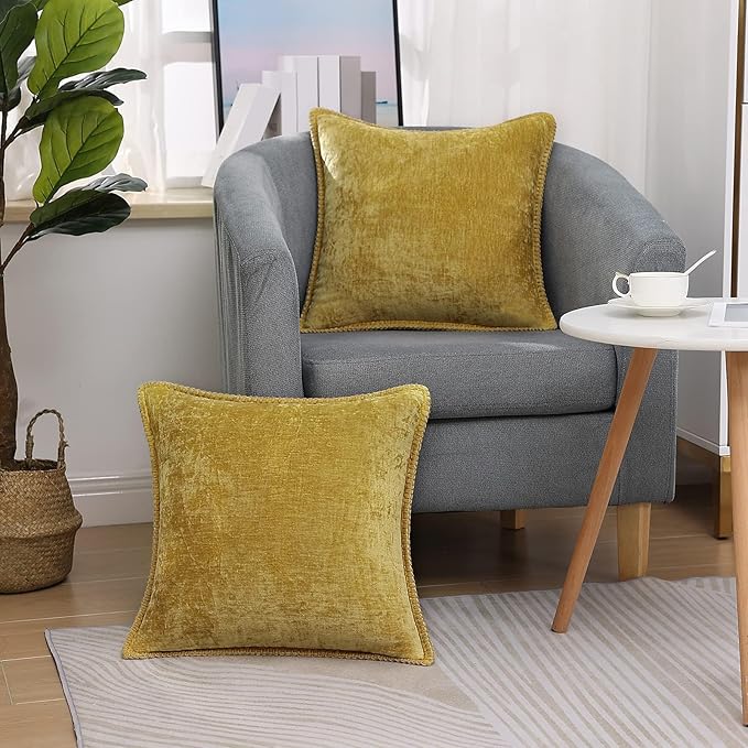 decorUhome Summer Chenille Soft Cozy Throw Pillow Covers 20x20 Set of 2, Modern Farmhouse Boho Velvet Decorative Pillow Cases with Stitched Edge for Couch Sofa Bed Home Decor, Mineral Yellow