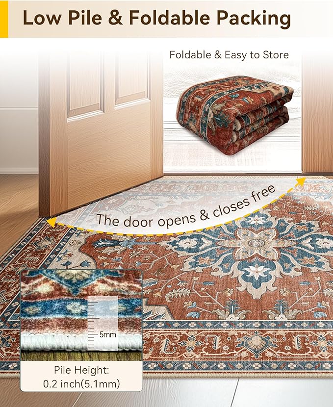 Area Rugs 9'x12' Washable Non-Slip, Floral Vintage Distress Print Pattern Medallion Carpet for Living Room Bedroom Dining Room, Red Orange Blue Brown