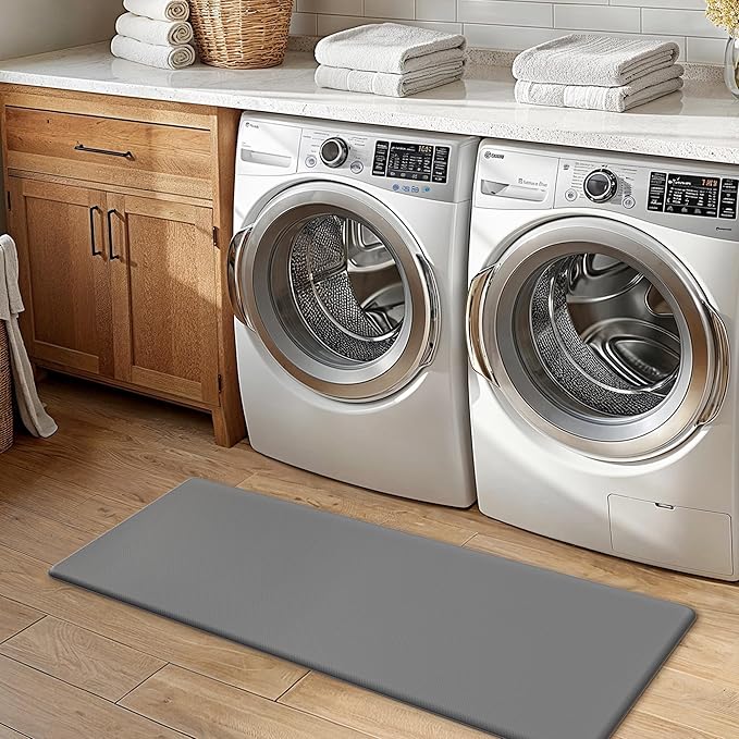 GENIMO Kitchen Mats for Floor 2PCs, Washable Anti Fatigue Mat for Cushioned, 17.3"x47"+17.3"x30", Waterproof Kitchen Rugs, Non Slip Comfort Standing Mat Rug for Home, Sink, Laundry, Neutral Gray