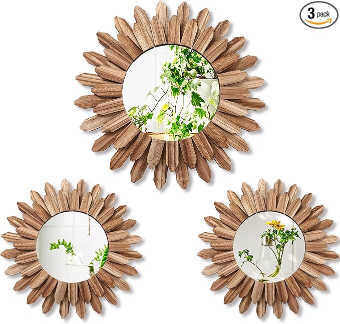3 Pcs Boho Wall Decor Round Sunburst Mirror Boho Circle Mirror with Rustic Wood Frame Decorative Hanging Wall Art for Farmhouse Home Decor,17 Inch and 12 Inch(Wood Color)