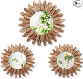 3 Pcs Boho Wall Decor Round Sunburst Mirror Boho Circle Mirror with Rustic Wood Frame Decorative Hanging Wall Art for Farmhouse Home Decor,17 Inch and 12 Inch(Wood Color)
