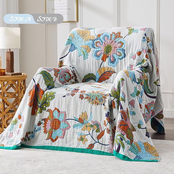 Boho Blanket Soft Muslin BohoThrow Blanket, 100% Cotton Floral Printed Farmhouse Decor All Season Reversible Rustic Throw for Sofa Couch Chair (50"x60")