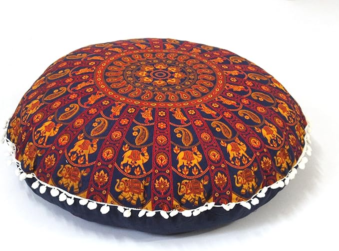 CRAFT KALA 22" Round Mandala Boho Pillow Meditation Seating Poufs for Living Room, Yoga Room, Home, Bedroom, Balcony, Garden, Party Decoration Cotton Floor Cushion Cover 22" Multi Mirchi