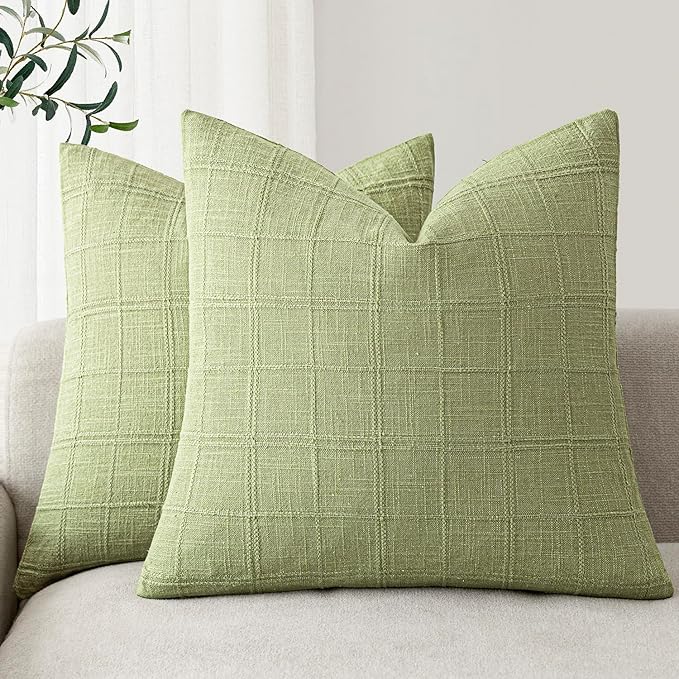 Foindtower Set of 2 Decorative Linen Check Throw Pillow Covers Neutral Farmhouse Vintage Cushion Covers Modern Boho Accent Home Decor for Sofa Chair Couch Bedroom Living Room,24×24 Inch,Light Green