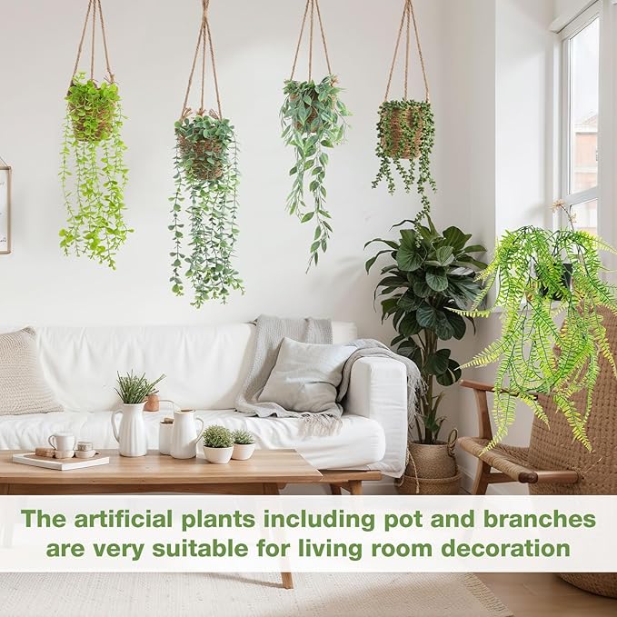 Giegxin Spring Mini Hanging Artificial Plant with Woven Basket Boho Fake Plants Ivy Faux Vines Eucalyptus Leaf for Indoor Home Wall Shelf Decor(6 Set,Green,Artificial Hanging Plants)