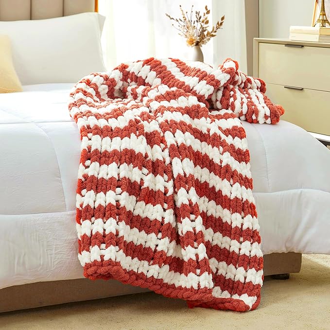 Amélie Home Chunky Knit Throw Blanket for Couch, Soft Chenille Crochet Blanket for Sofa, 50"x60", Burnt Orange & White Striped