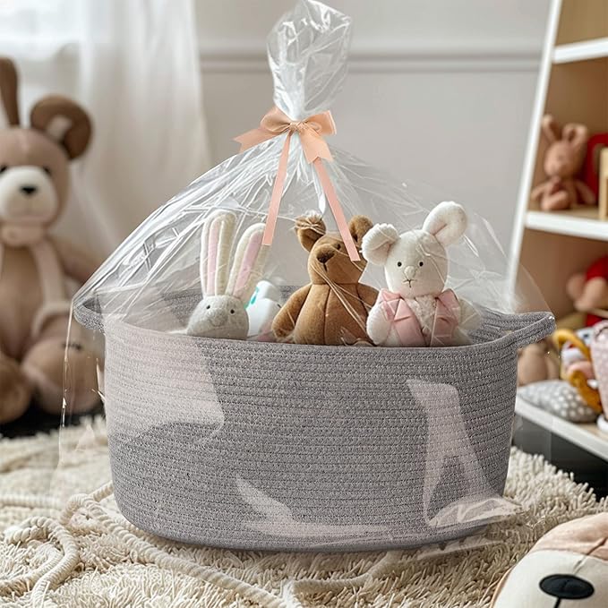 Gray Storage Basket, 17"x12"x8" Woven Cotton Rope Storage Bin, Wicker Kids Dog Toy Box, Baskets for Gifts Empty, Bathroom Towel Organizer, Blanket Holder, Baby Nursery Shelf Closet Bin