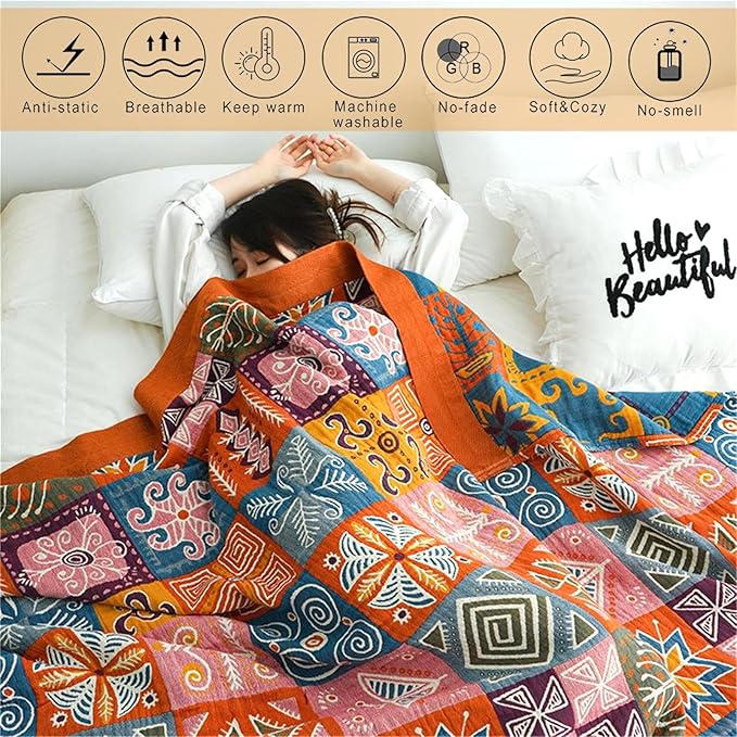 MSGKV Spring Cotton Throw Boho Blanket for Couch Bed, 60''x80'' Muslin Brathable Lightweight Travel Decor Blanket for Bedroom