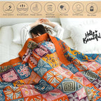 MSGKV Boho Throw Blanket 90''x98'' 100% Cotton Spring Blanket for Couch Bed, Muslin Bed Quilts Home Decor Gift for All Seasons