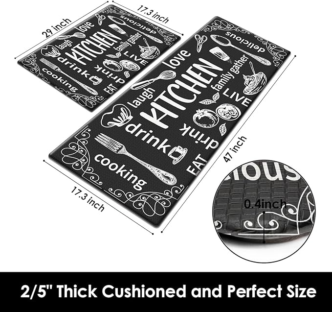 Arttown Black Anti-Fatigue Kitchen Rug Set of 2 Cooking Knife and Fork Cushioned Floor Standing Mat Waterproof Non-Slip Mat and PVC Ergonomic Comfort Foam Rug