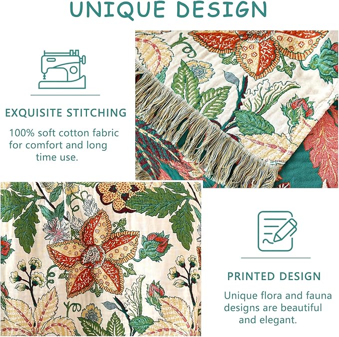 Boho Throw Blanket - 60"x80" 100% Cotton Soft Breathable Lightweight Bed Blanket, Reversible Muslin Spring Blankets Green Floral Farmhouse Decor Rustic Quilt for Bed Couch