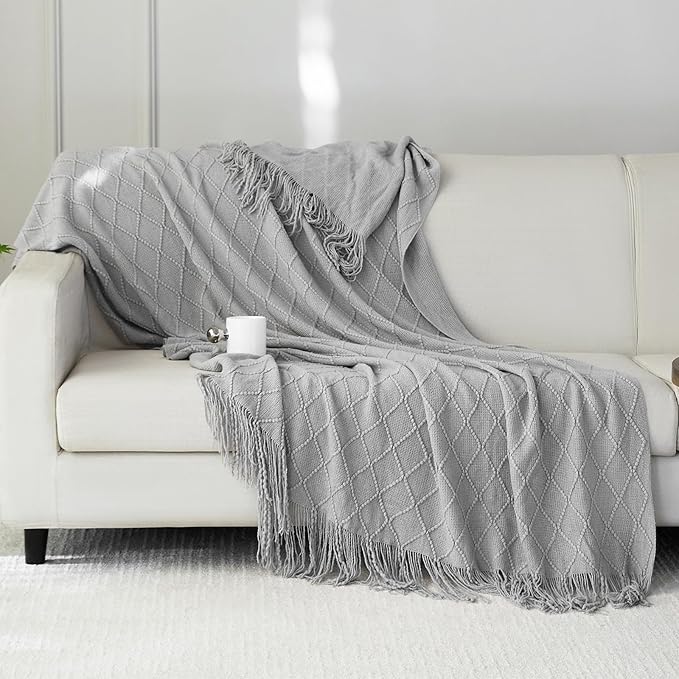 Throw Blanket for Couch Bed, Sofa Knit Blanket Farmhouse Throw for Living Room, Decorative Fall Throw Blanket for Chair, Outdoor Textured Boho Blanket（Grey 51x67In）