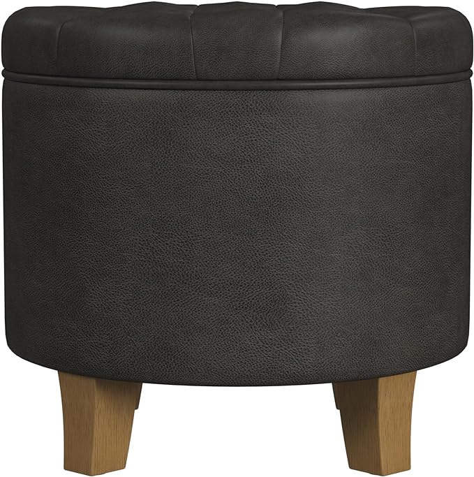 Homepop Home Decor | Upholstered Round Faux Leather Tufted Foot Rest Ottoman | Ottoman with Storage for Living Room & Bedroom | Decorative Home Furniture, Black Faux Leather