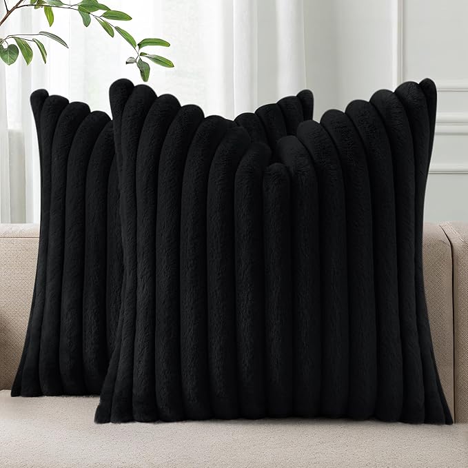 Pallene Faux Fur Plush Throw Pillow Covers 26x26 Set of 2, Luxury Soft Fluffy Striped Decorative Pillow Covers for Sofa, Couch, Living Room, Black
