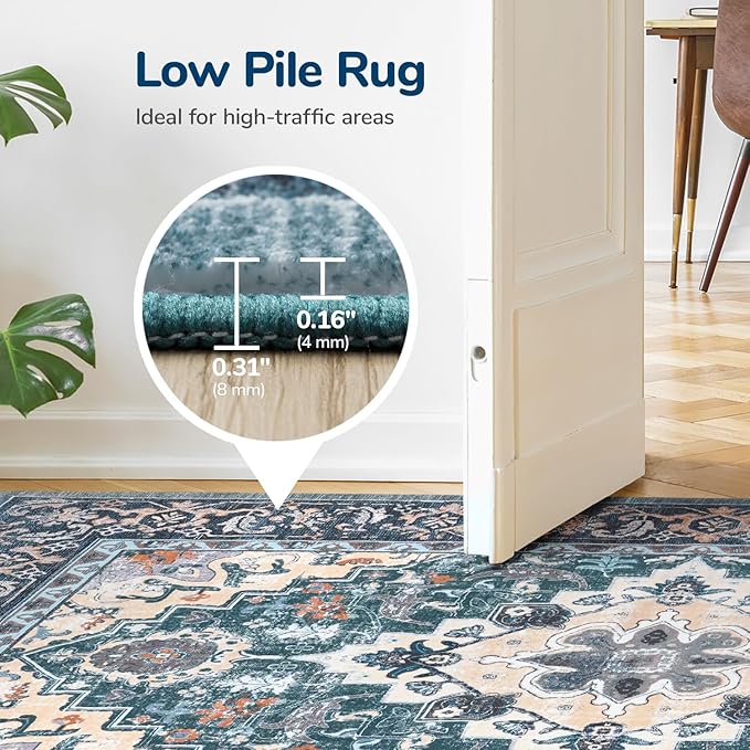 Lessymo 9 x 12 Area Rugs for Living Room, Machine Washable Area Rugs Boho Faux Wool Low Pile Area Rug for Bedroom, Floral Medallion Vintage Rugs with Non-Slip Rubber, Kid & Pet Friendly, Dark Green