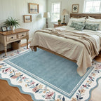 Lahome Floral Blue 8x10 Rugs for Living Room, Scalloped Washable Boho Area Rug Non Slip Vintage Low Pile Large Rug for Bedroom, Farmhouse, Dining Room, Kids Playroom Ariele