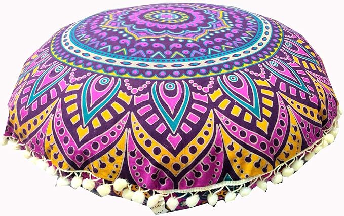 INDIAN CRAFT CASTLE New Pink Ombre 24" Mandala Barmeri Large Floor Pillow Cover Cushion Meditation Seating Ottoman Throw Cover Hippie Decorative Zipped Bohemian Pouf Ottoman Pom Pom Cases 24" Round