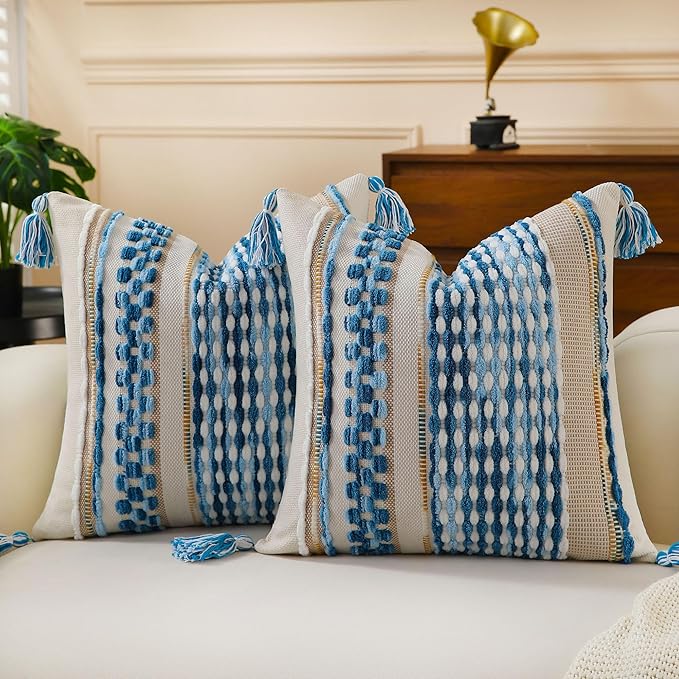 Set of 2 Boho Pillow Covers with Tassels Sky Blue 18x18 Inch Farmhouse Decorative Chenille Tufted Striped Throw Pillow Covers Neutral Accent Square Textured Pillowcase for Couch Bed Livingroom