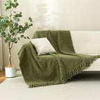 Throw Blanket for Couch, Olive Green Luxury Knitted Throws 50"x60", Textured Blankets with Handmade Fringe Tassels for Bed Sofa Decorative, Chunky Soft Farmhouse Boho Home Decor