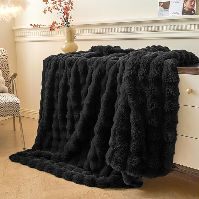 LIFEREVO Luxury Fluffy Faux Rabbit Fur Throw, Plush Fuzzy Bubble Blanket for Couch Sofa, Soft Cute Furry Bed Blanket Home Decoration, Shaggy Lap Throw for Bedroom Living Room Office, 50x60, Black