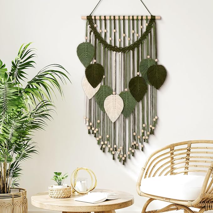 Weldomcor Macrame Wall Hanging Boho Leaf Woven Tapestry, Bohemian Chic Home Decor Modern Handmade Leaves Feather Wall Art Decorations for Bedroom Living Room Apartment Ornament 16.5"W X 31.5"L (Army Green)