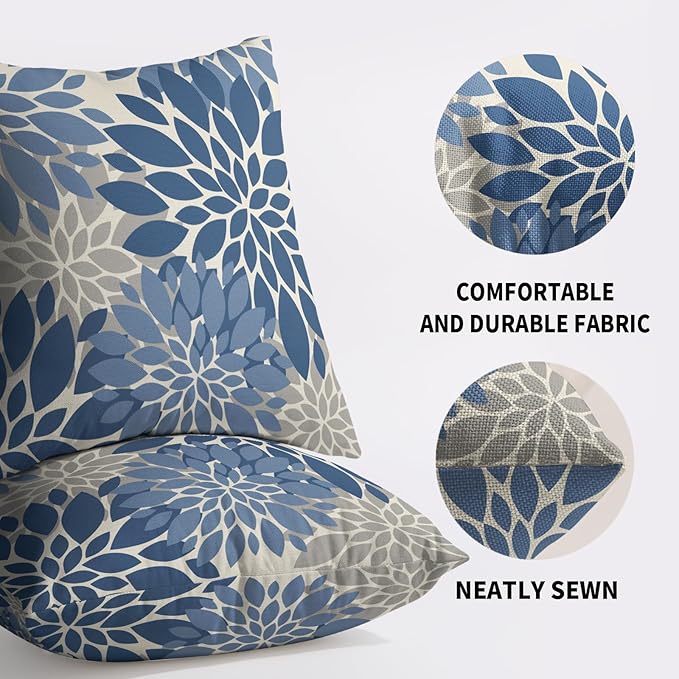 Light Blue Grey Gray Pillow Covers 18X18 Inch Set of 2, Dahlia Flower Spring Summer Floral Cream Decorative Throw Pillow Covers Outdoor Modern Farmhouse Cushion Case for Home Couch Sofa Bed Decor