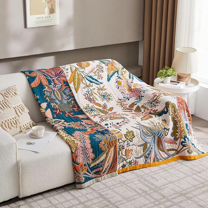 Boho Throw Blanket Farmhouse Decor Throw Blanket Bohemian Blanket for Bed 100% Cotton Muslin Woven Couch Blanket All Seasons Quilt Bedroom (Beige, 60"x80")