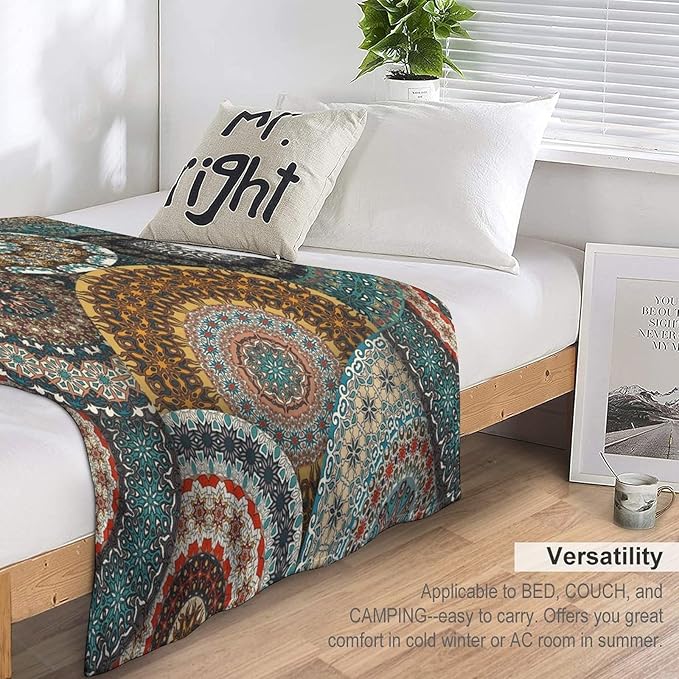 Bohemian Throw Blanket Colorful Vintage Floral Mandala Flower Aztec Boho Blanket for Sofa Bed Couch Chair Or Dorm 50"x60"