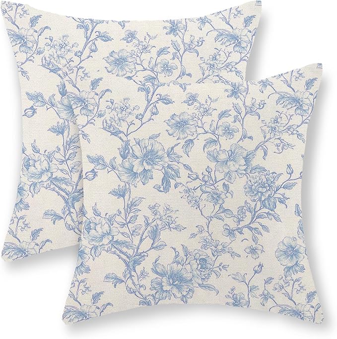 Baby Blue Pillow Covers 20x20 Set of 2 Blue and Cream Floral Chinoiserie Throw Pillows Vintage Rustic Toile Flower Decorative Pillowcase Outdoor Chinoiserie Decor Cushion Case for Couch Sofa