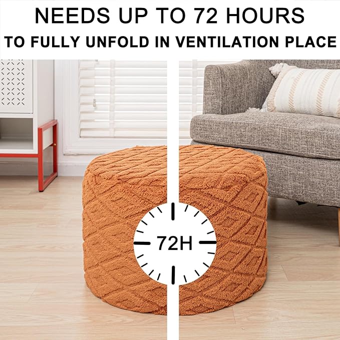 Fluffy Round Ottoman Pouf with All-in-One Foam Filling 20" x 14" Furry Ottoman Foot Rest Foot Stool for Living Room or Bedroom (Burnt Orange)