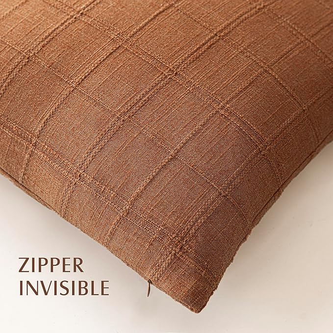 Foindtower Set of 2 Decorative Linen Check Throw Pillow Covers Neutral Farmhouse Vintage Cushion Covers Modern Boho Home Decor for Sofa Chair Couch Bedroom Living Room,16×16 Inch,Orange