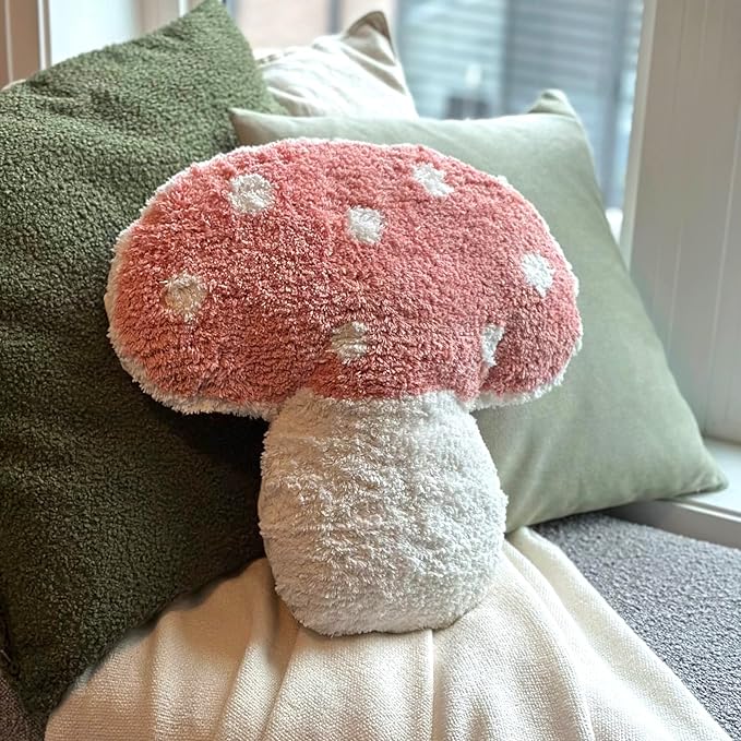 Tufted Mushroom Shape Decorative Cushion - 15' x 15' Mushroom Decor for Bed, Couch, Living Room (Pink)