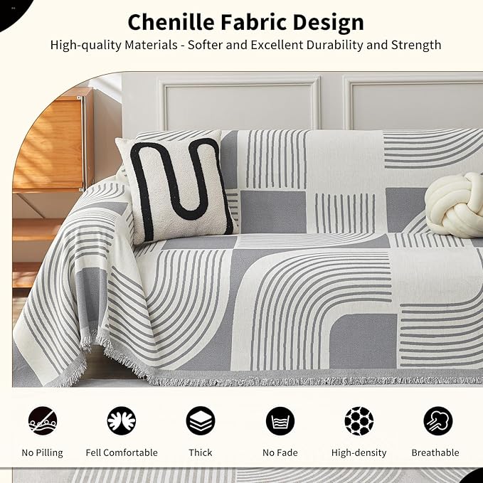 Boho Couch Cover Sofa Covers Washable, Chenille Couch Covers for 3 Cushion Couch Sofa Pet Friendly, Bohemian Sofa Slipcovers for Sectional Sofa, Loveseat, 2 3 4 Seater (71" x 118", Grey)