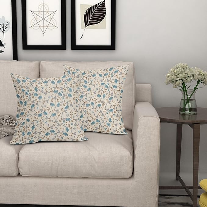 Brown Blue Grey Floral Pillow Covers 16x16 Set of 2 Vintage Rustic Old Style Cute Small Flower Print Decorative Outdoor Pillowcases Farmhouse Throw Cushion Case Decor for Couch Sofa Bed