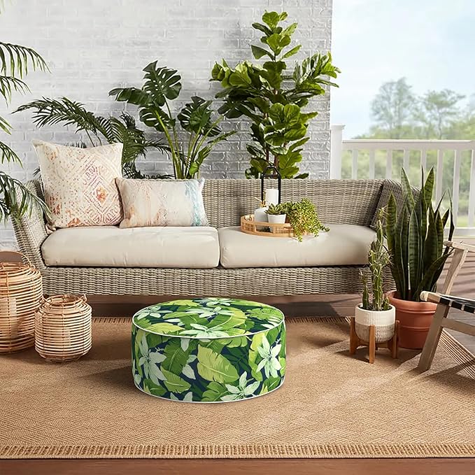 Indoor/Outdoor Inflatable Ottoman with Handle, Decorative Fade-Resistant Round Footstool D21 x H9 inch, Portable Ottoman Pouf for Patio Garden Camping, Jungle Leaves