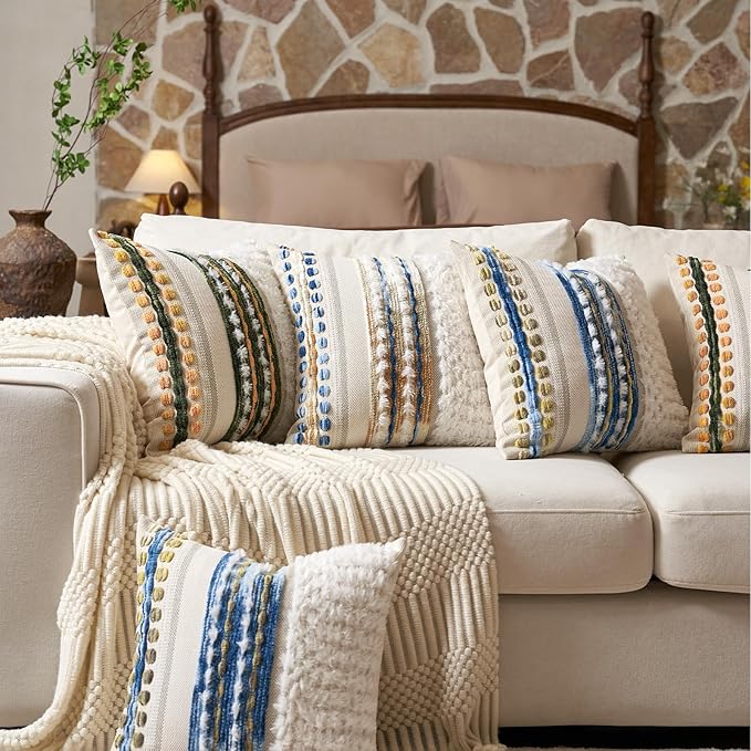 Aeckself Boho Chenille Tufted Throw Pillow Covers 18x18 Inch Set of 2, Farmhouse Decorative Striped Square Pillow Covers Accent Neutral Pillowcase for Living Room Couch Bed, Caramel Brown