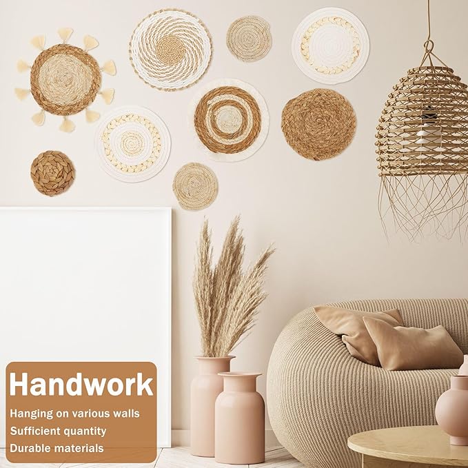HJJWNDDNG 9 Pack Boho Wall Basket Decor Set, Hanging Woven Seagrass Rattan Wicker Boho Wall Decor, Round Farmhouse Wall Hanging Baskets Rustic Flat Wall Art for Living Room Bedroom Kitchen (Style 3)