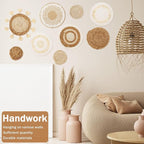 HJJWNDDNG 9 Pack Boho Wall Basket Decor Set, Hanging Woven Seagrass Rattan Wicker Boho Wall Decor, Round Farmhouse Wall Hanging Baskets Rustic Flat Wall Art for Living Room Bedroom Kitchen (Style 3)