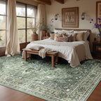 Area Rugs 10'x12' Washable Non-Slip, Floral Vintage Distress Print Pattern Medallion Carpet for Living Room Bedroom Dining Room, Dark Green Gray