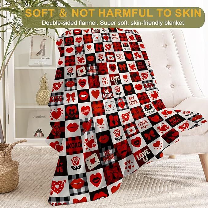 Valentine’s Day Decorative Throw Blanket Gifts for Mom, Wife, Buffalo Plaid Red Red Heart Lip Rose Love Letter Decoration Fleece Blankets for Couch Bed Sofa, Romantic Decor, 40x50 Inch
