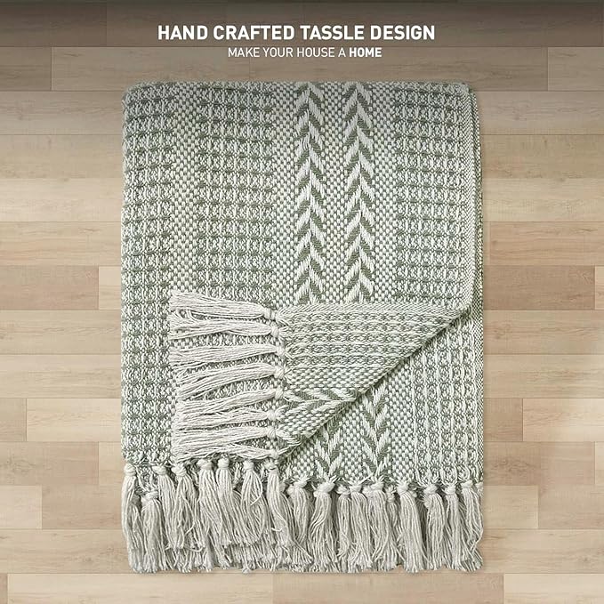 Chardin home - Sage Green & Ivory Braided Waffle Weave Throw, 50x60 in Recycled Cotton- Large, Wearable, Breathable, Skin-Friendly Everyday Blanket for Couch, Bed, Sofa - Soft Lightweight Picnic Rug