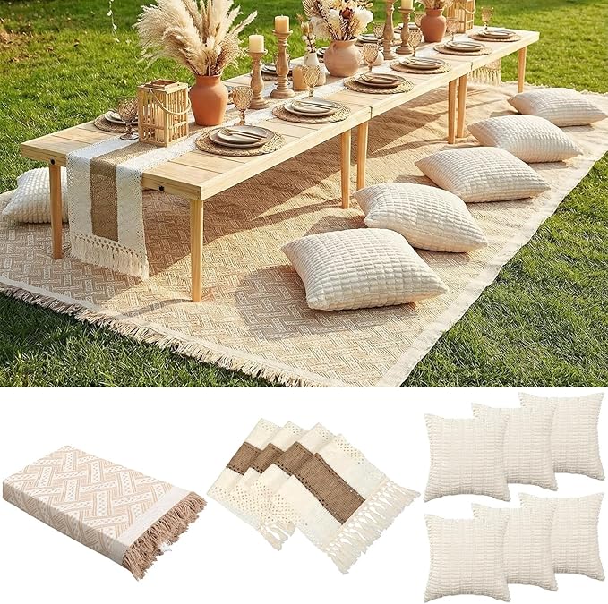 Extra Large Outdoor Boho Picnic Blanket 150'' X 71'' Beige White Table Runner 6 Throw Pillow Cover Woven Cotton Yarn Oversize Beach Blanket Washable for Picnic Camp Wedding