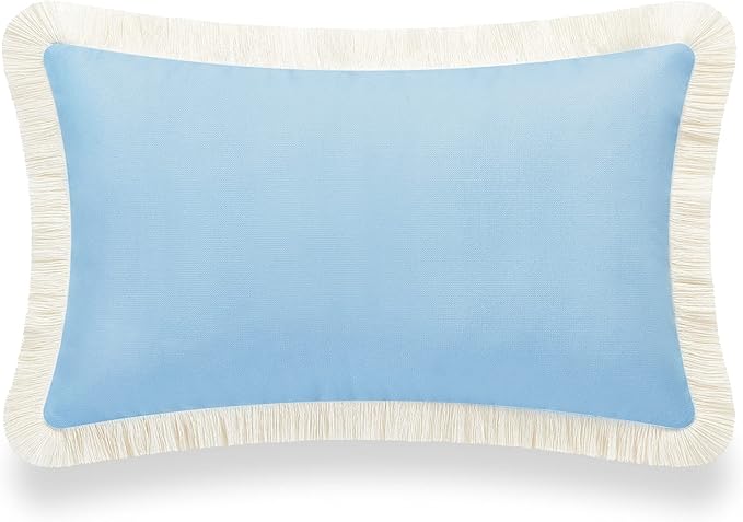 Hofdeco Premium Coastal Hampton Style Patio Indoor Outdoor Lumbar Pillow Cover Only, 12"x20" Water Resistant for Backyard, Couch, Solid Baby Blue Fringe
