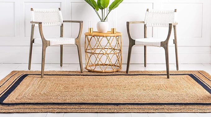 Unique Loom Braided Jute Collection Classic Quality Made Natural Hand Woven with Coastal Design Area Rug (4' 0 x 6' 0 Rectangular, Natural/ Navy Blue)