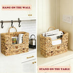 Hanging Magazine Basket, Woven Wall Magazine Holder Organizer with Handle for Mail, Files, Books - Water Hyacinth Farmhouse Storage Rack for Bathroom, Kitchen, Office